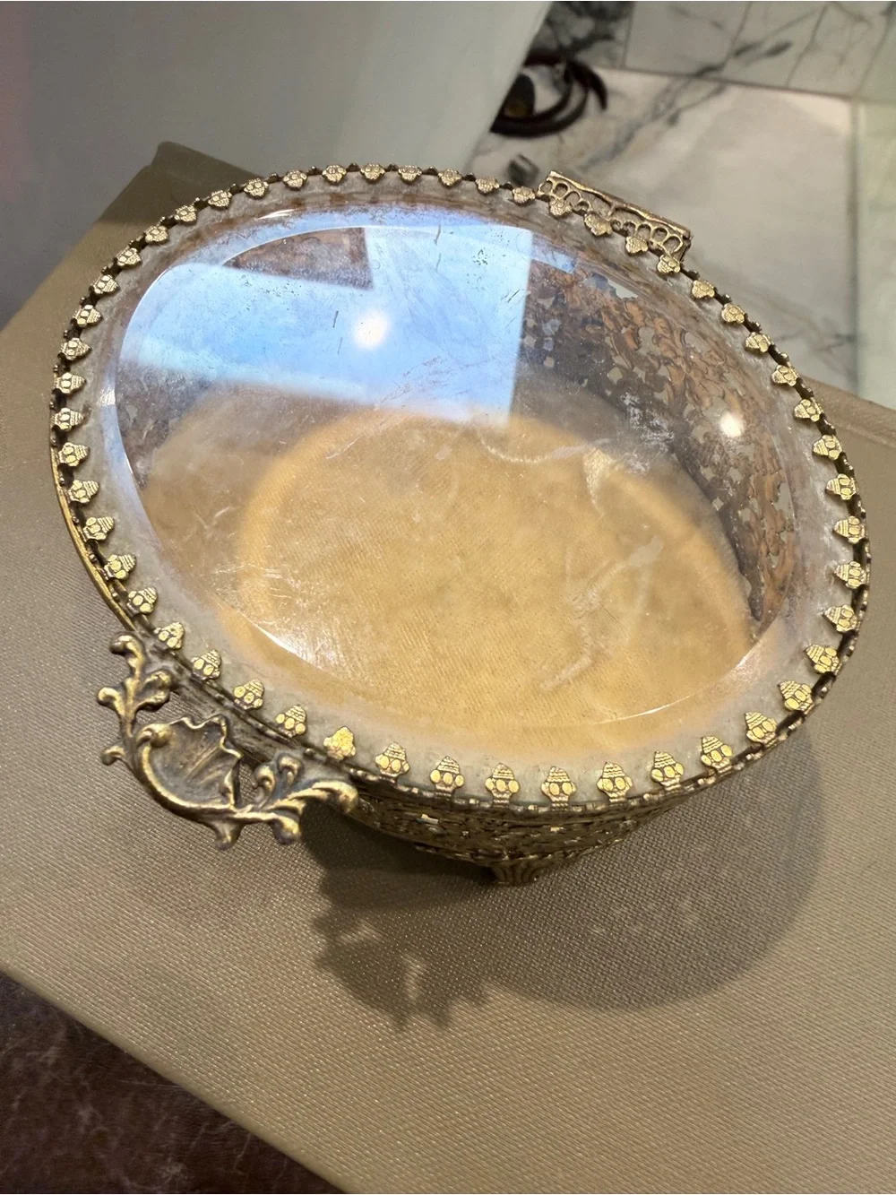 Vintage Ormolu Filigree Jewelry Casket Beveled Glass Hollywood Regency